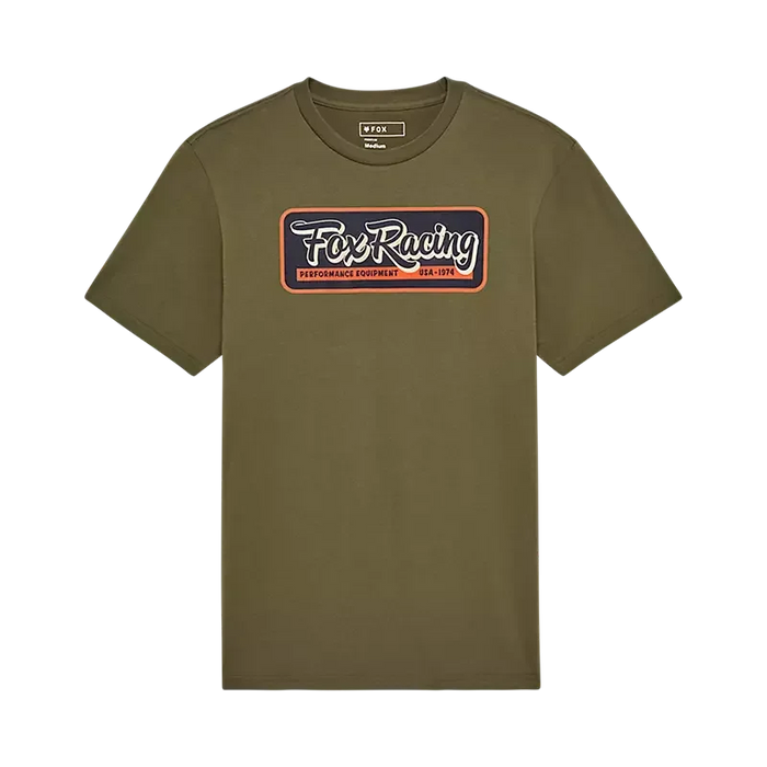 Fox Racing olive green premium tee with logo patch, surf and watersports clothing