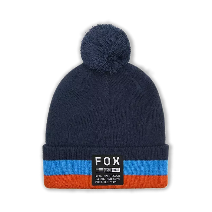 Fox navy blue pom beanie with orange and blue stripes, winter surf hat