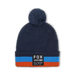 Fox navy blue pom beanie with orange and blue stripes, winter surf hat