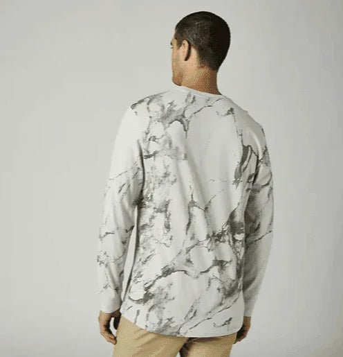 Fox Karrera Long Sleeve Tee in light grey with marble pattern, rear view.