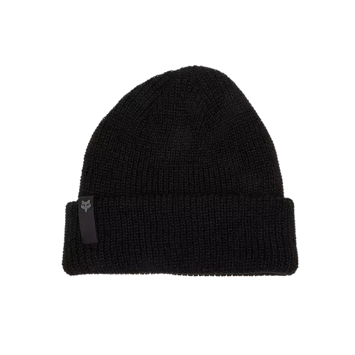 Fox black knit beanie hat with logo tag, surf and watersports clothing accessory