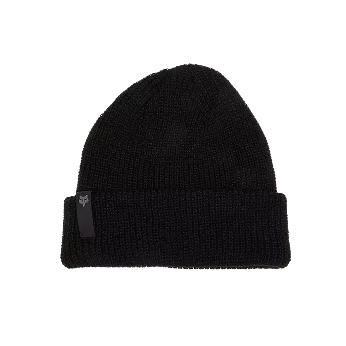 Fox black knit beanie hat with logo tag, surf and watersports clothing accessory
