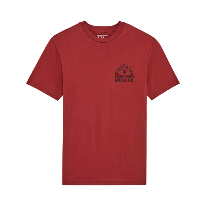 Fox rust brown premium tee with Moto-X Fox logo, short sleeve surf clothing