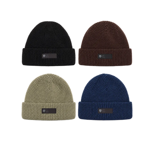 Fox Four knit beanie hats arranged in a 2x2 grid on a white background, shown in black, brown, olive green, and navy blue. Each beanie has a folded cuff with a small dark rectangular logo patch.