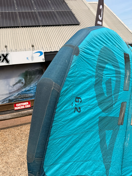 Used GA Wings Cross 6.2 2023 wingfoil wing — close-up of 6.2 size marking on teal canopy