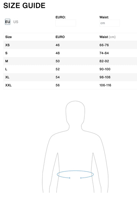 Kitesurf waist harness size guide with EU sizes and waist measurements in cm, plus waist measuring diagram.