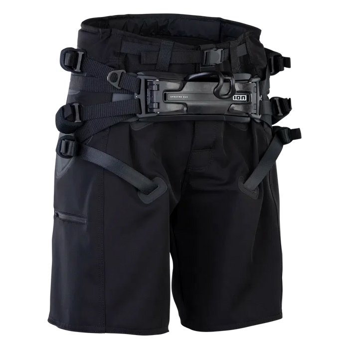 ION B2 black kiteboarding seat harness shorts with side straps and safety hook