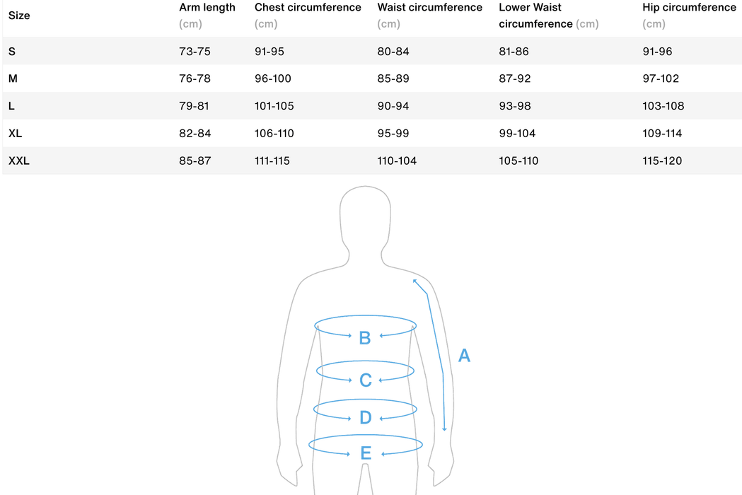 Wetsuit size chart with arm, chest, waist, lower waist, hip measurements and diagram