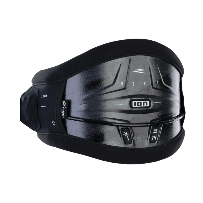 ION Riot Curv black kitesurf waist harness with textured back panel and visible branding