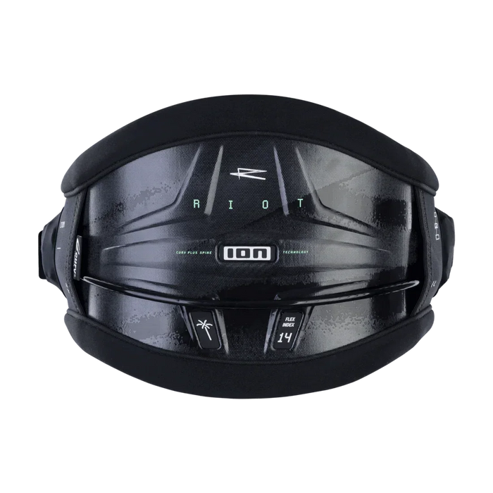 ION Riot Curv black kitesurf waist harness with Core Flex Spine and Flex Index 14 features
