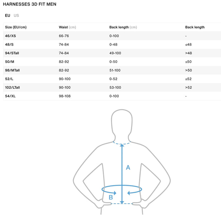 Harness sizing chart for men with waist and back length measurements and illustrated guide.