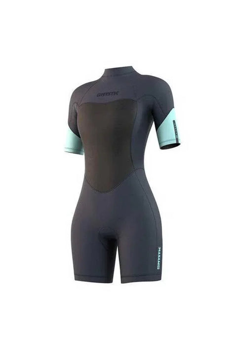 Mystic Brand 3/2mm Women's Wetsuit Back Zip Shorty in black with light blue sleeves