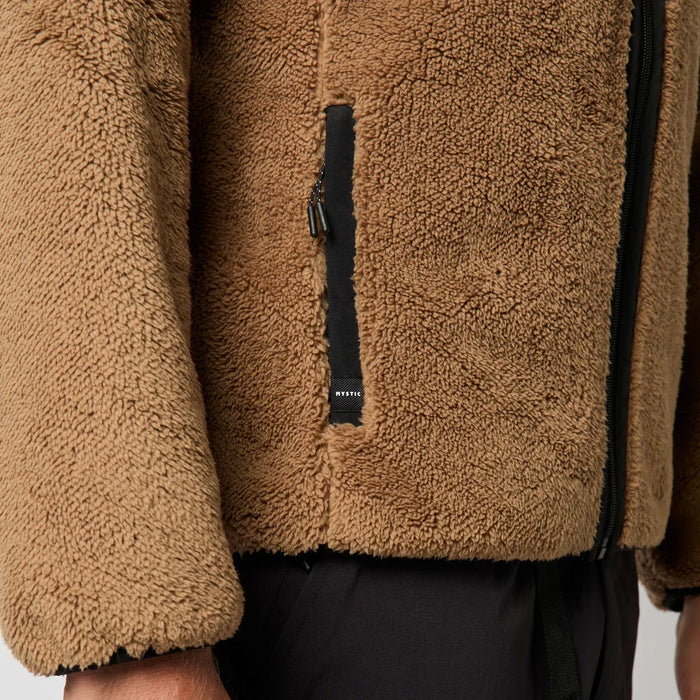 Mystic brown sherpa fleece zip jacket with black zip pocket, close-up view
