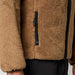 Mystic brown sherpa fleece zip jacket with black zip pocket, close-up view