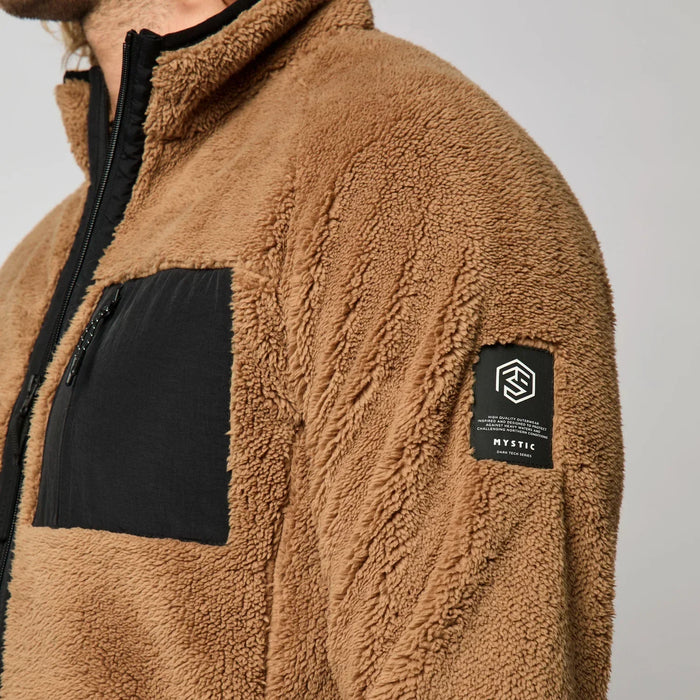 Mystic teddy zip fleece jacket in slate brown with black chest pocket and logo patch