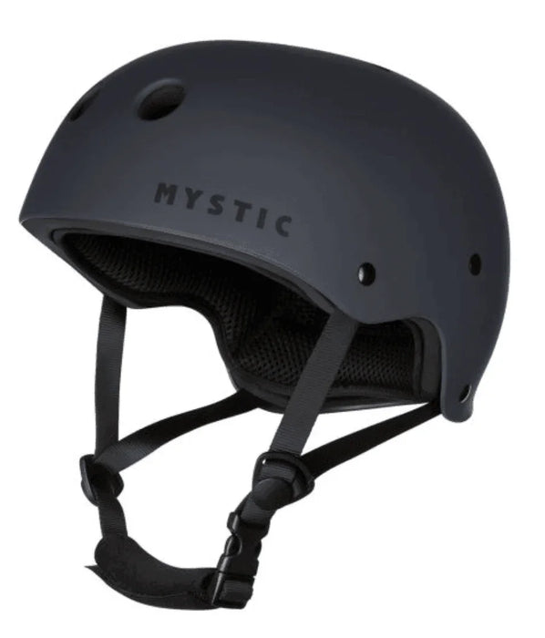 Mystic MK8 watersport helmet in matte black with chin strap and ventilation holes