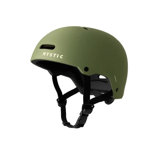 Mystic Vandal olive green watersports helmet with adjustable straps