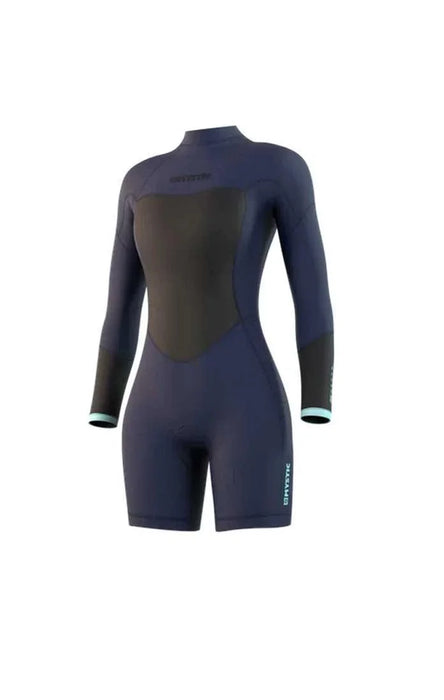 Mystic Women's Brand Long Sleeve Shorty Wetsuit 3/2mm in navy and black, front view