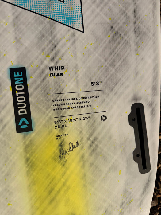 Duotone Whip DLab surfboard 5'3 with yellow accents, carbon construction details visible.