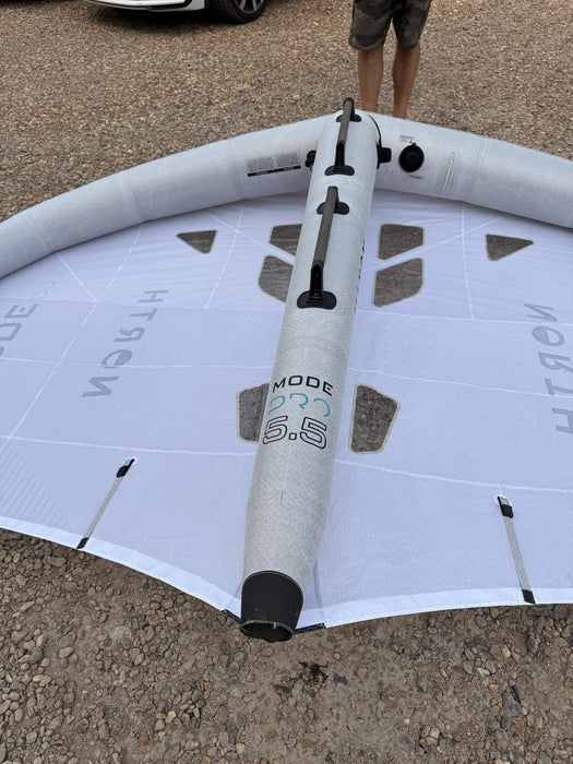 Overhead view of the North Mode Pro canopy laid flat showing the gybe-friendly windows
