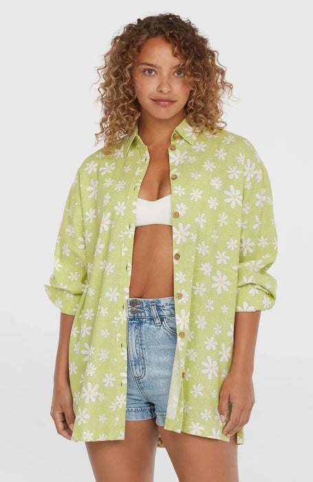 O'Neill green vintage long shirt with white daisy print, surf clothing for women