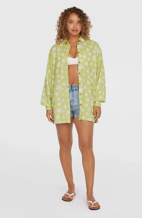 O'Neill green long beach shirt with white daisy print, surf clothing for women