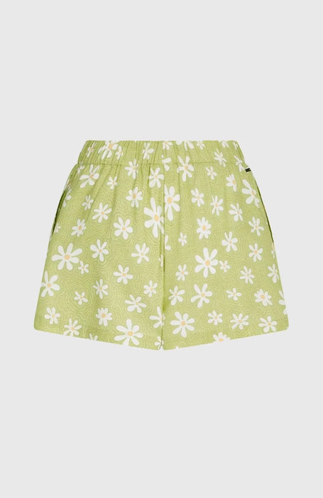 O'Neill green shorts with white daisy print, elastic waistband, surf clothing for women