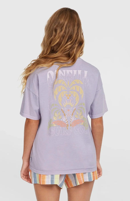 O'Neill vintage surf tee in purple gleam with palm tree graphic, worn by woman