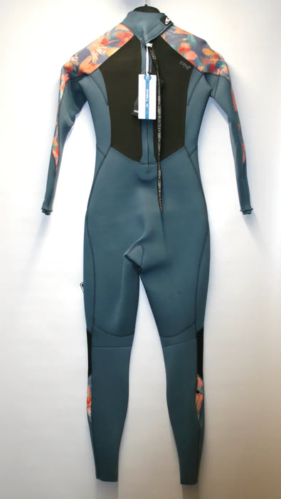 O'Neill women's blue back zip wetsuit with floral pattern on shoulders and arms