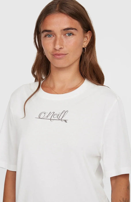 O'Neill Essentials white script tee, women's surf clothing, short sleeve, front logo