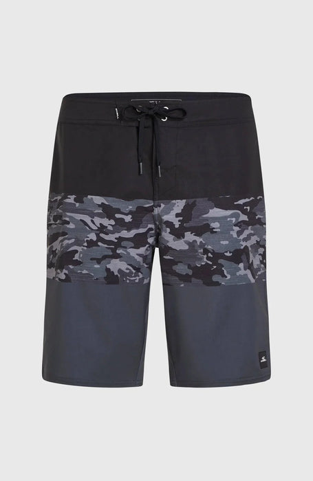 O'Neill Hyperfreak men's boardshorts in black camo pattern with drawstring waist