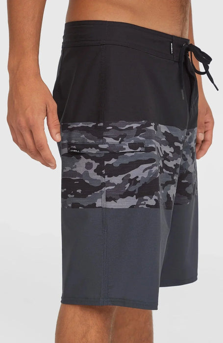 O'Neill black camo boardshorts for men, zip pocket, drawstring waist, surf clothing