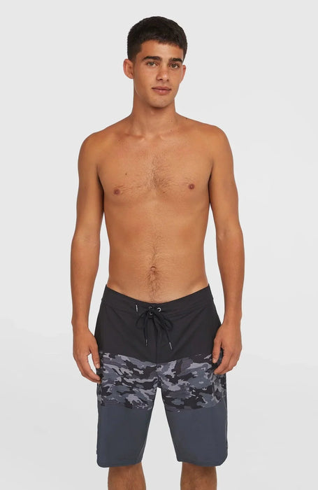 O'Neill Hyperfreak men's black camo boardshorts for watersports, model wearing