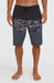 O'Neill Hyperfreak camo boardshorts for men, black and grey, knee-length surf swimwear