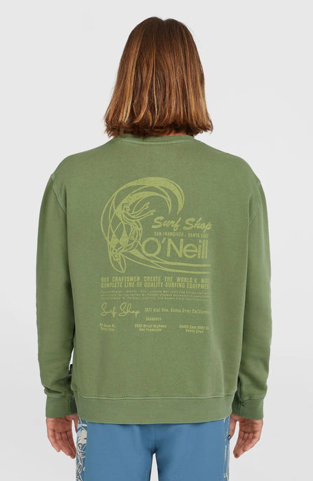 O'Neill green crew sweatshirt with surf shop back print, surf clothing for watersports.