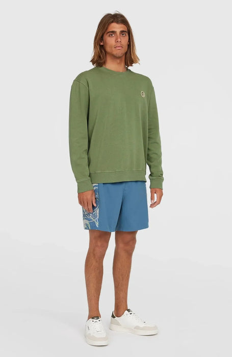 O'Neill green crew sweatshirt with logo, men's surf clothing, worn with blue board shorts