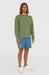 O'Neill green crew sweatshirt with logo, men's surf clothing, worn with blue board shorts