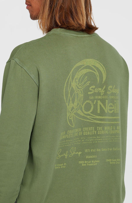 O'Neill green crew sweatshirt with yellow surf shop graphic on the back, surf clothing