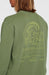 O'Neill green crew sweatshirt with yellow surf shop graphic on the back, surf clothing