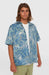 O'Neill blue short sleeve surf shirt with abstract print, worn by man, watersports clothing