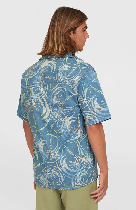 O'Neill blue UPF 50 short sleeve surf shirt with aquatic print, worn by man