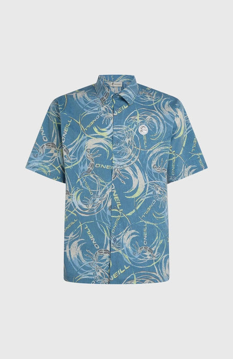 O'Neill blue short sleeve surf shirt with abstract wave print and button front