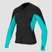 O'Neill Reactor 2 1.5mm women's wetsuit jacket, black and aqua, front zip.