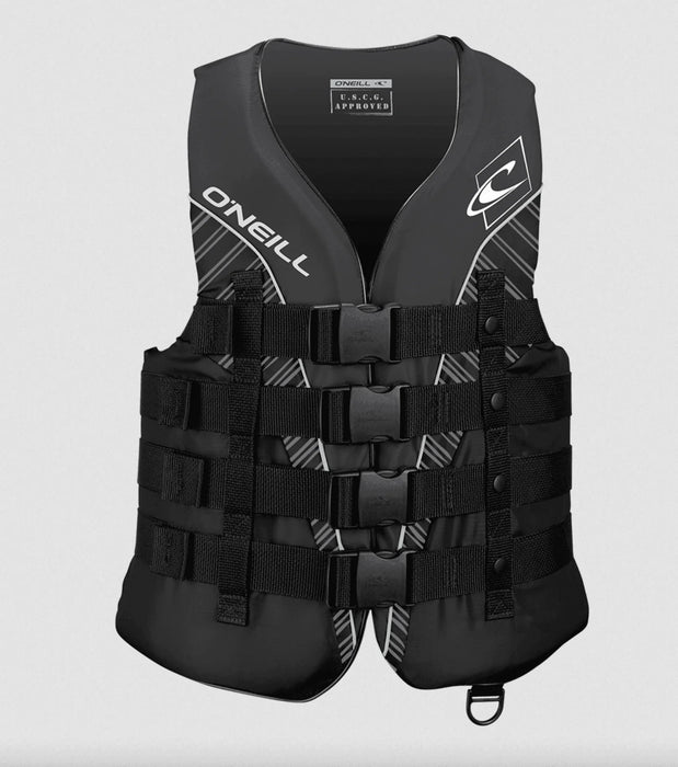 O'Neill Superlite vest 50N buoyancy aid in black with buckle straps, front view