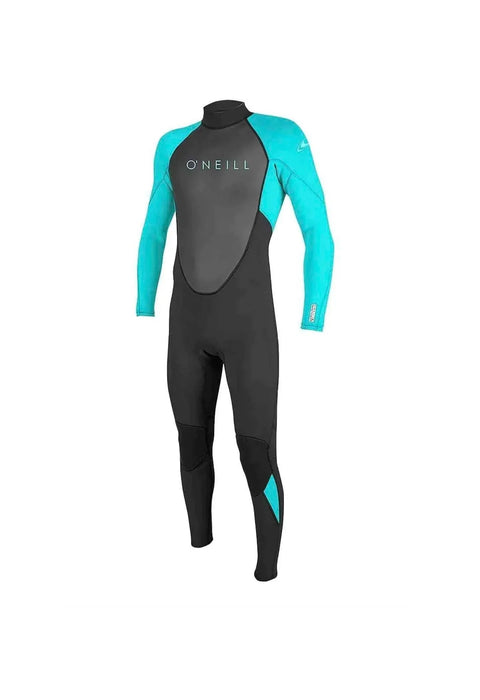 O'Neill Youth Reactor 2 3/2 Back Zip full wetsuit in black and aqua, long sleeves, front view