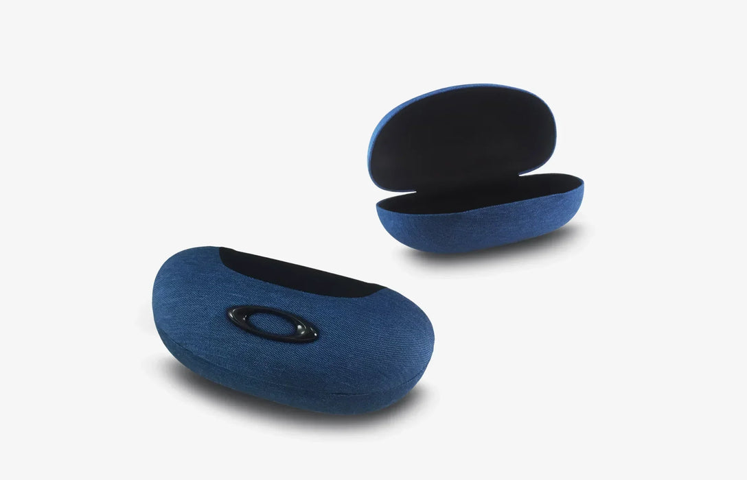 Oakley blue hard sunglasses case with black interior, ellipse logo on the top