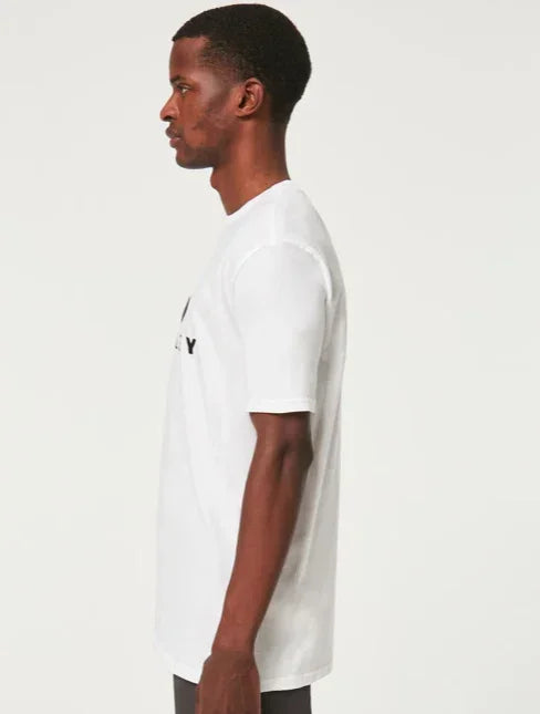 Oakley O Bark 2.0 white t-shirt with black logo, surf clothing side view