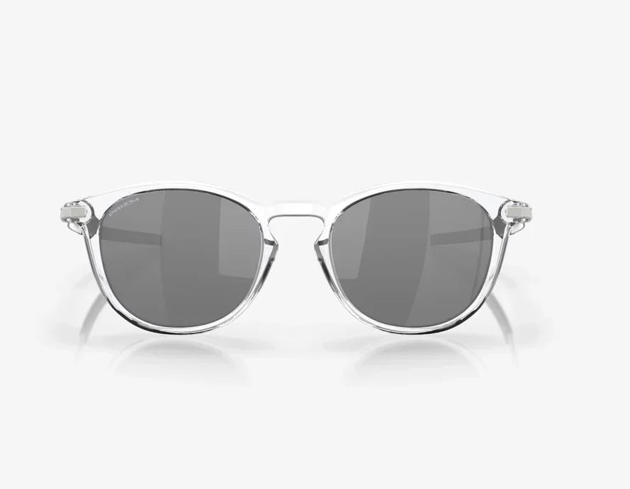 Oakley Pitchman R sunglasses with clear polished frame and black lenses, front view