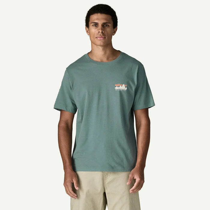 Patagonia blue sage t-shirt with small mountain logo, surf clothing for watersports