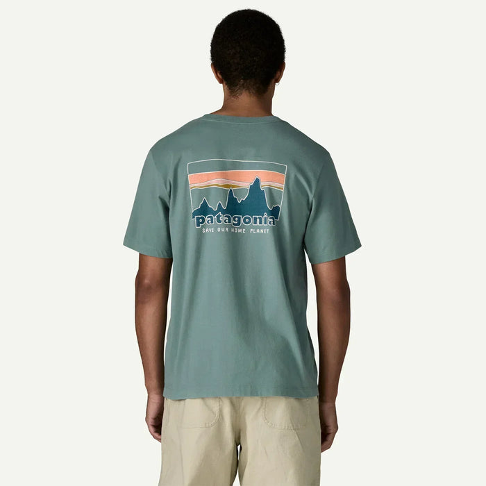 Patagonia blue sage t-shirt with skyline graphic and logo, surf casual clothing